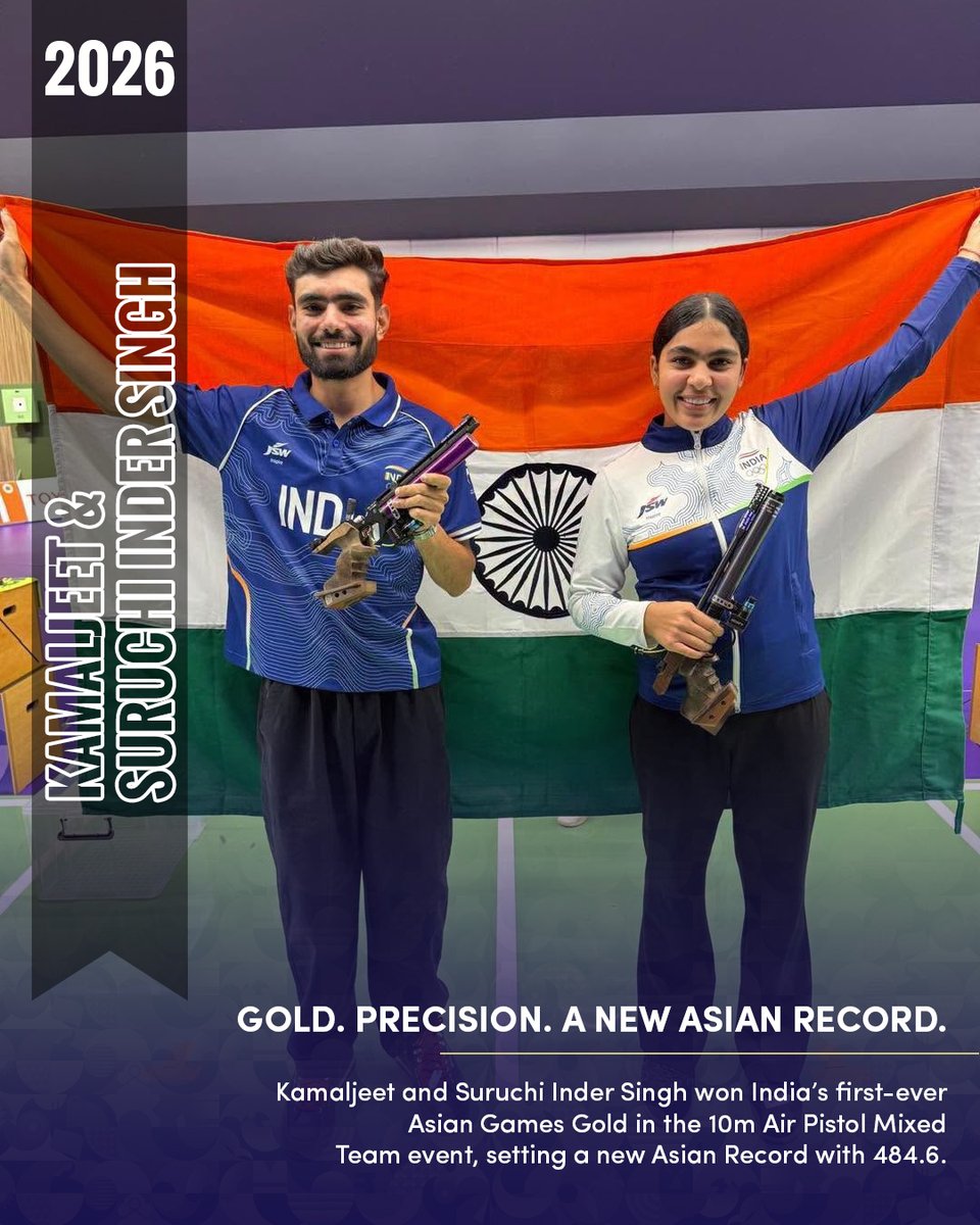 STC_Bengaluru's tweet photo. GOLD + RECORD = ABSOLUTE CINEMA! 🥇🔥
 Kamaljeet &amp; Suruchi Inder Singh made history with India’s first-ever Asian Games Gold in 10m Air Pistol Mixed Team, setting a new Asian Record of 484.6! 🇮🇳✨
 #BharatSetsNewRecords https://t.co/sUbhwulq8Q