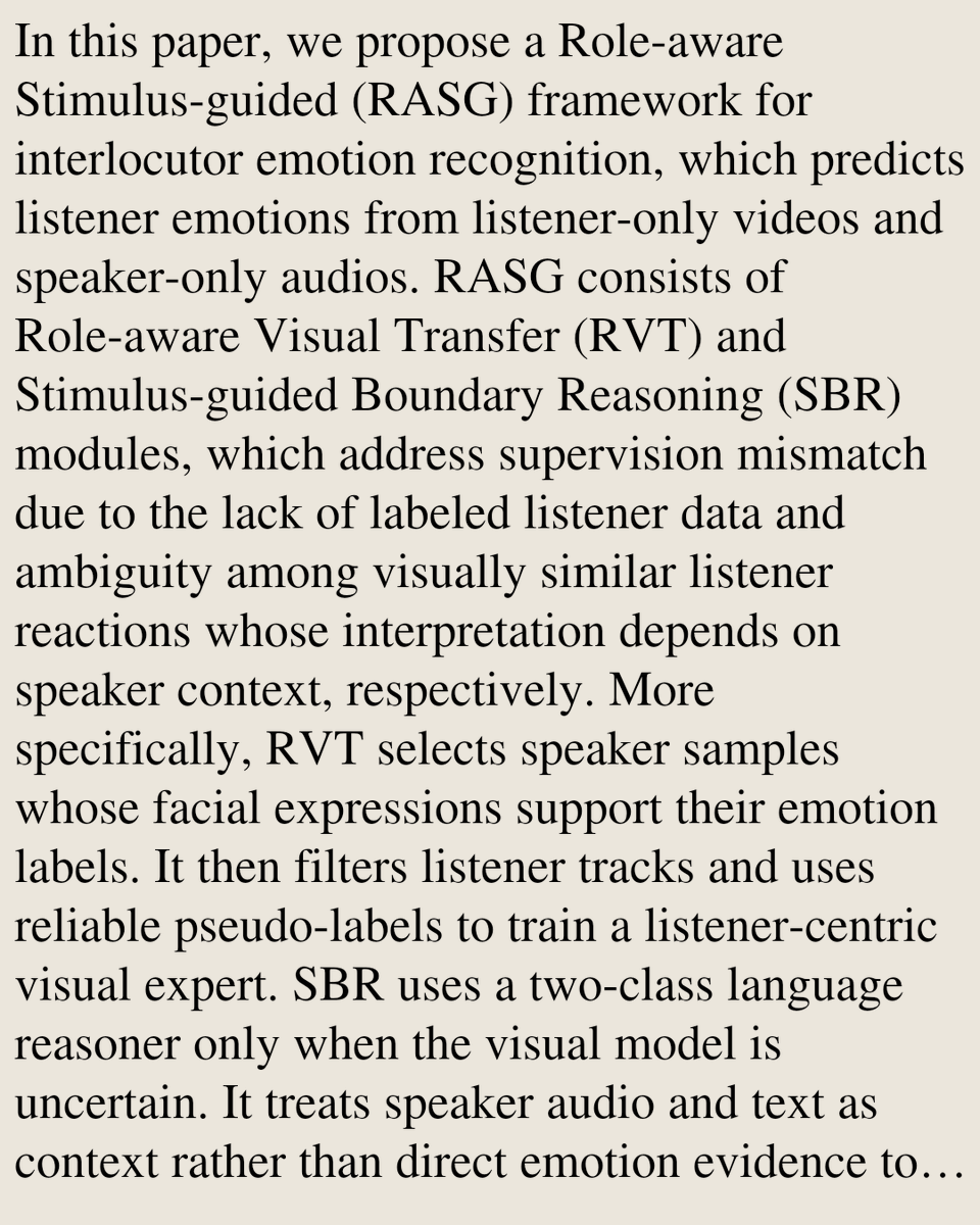 MultimediaPaper's tweet photo. From Expression to Reaction: Role-aware Visual Transfer and Stimulus-guided Reasoning for Interlocutor Emotion Recognition

Wei Wang, Zhaowu Li, Jianjie Luo, Fu Lee Wang, Lap-Kei Lee, Zhenguo Yang
https://t.co/01HGuUMn6i [𝚌𝚜.𝙼𝙼 𝚌𝚜.𝙲𝚅] https://t.co/o1CxkFJdoG