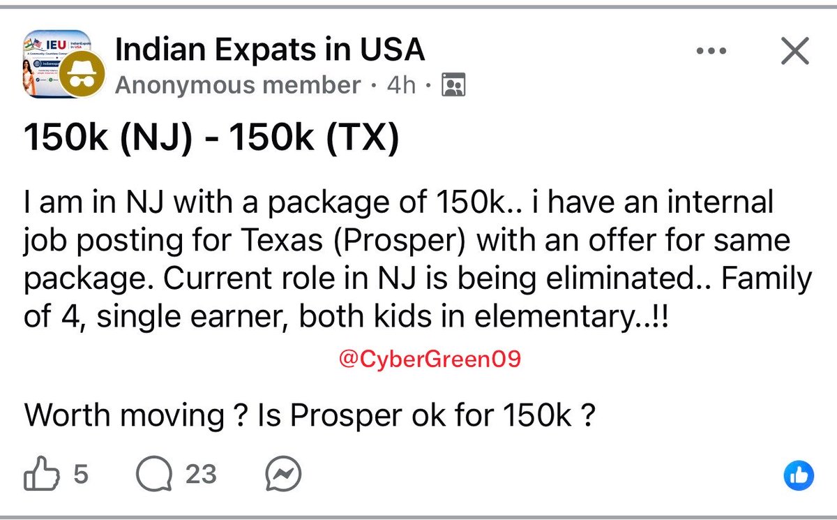 CyberGreen09's tweet photo. While Americans are laid off and are struggling to put food on the table with rising gas prices, Indian expats are debating whether to take a $150k package in NJ or $150k in Prosper, Texas. End the visa programs replacing American workers now. @USLaborIG @VP @SecRubio @AAGDhillon https://t.co/YrMCRbjKox