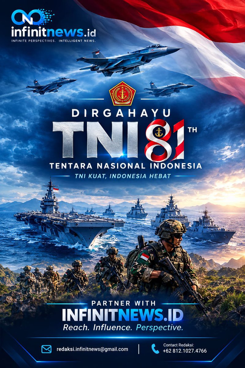 Infinitnewouuk's tweet photo. Selamat Hari Ulang Tahun Tentara Nasional Indonesia (TNI)!

​Kami menyampaikan penghormatan dan apresiasi setinggi-tingginya kepada seluruh prajurit TNI atas dedikasi dan pengorbanannya dalam menjaga kedaulatan NKRI. 

#infinitnews #huttni81 #bravotni https://t.co/S6lmYBmUw1