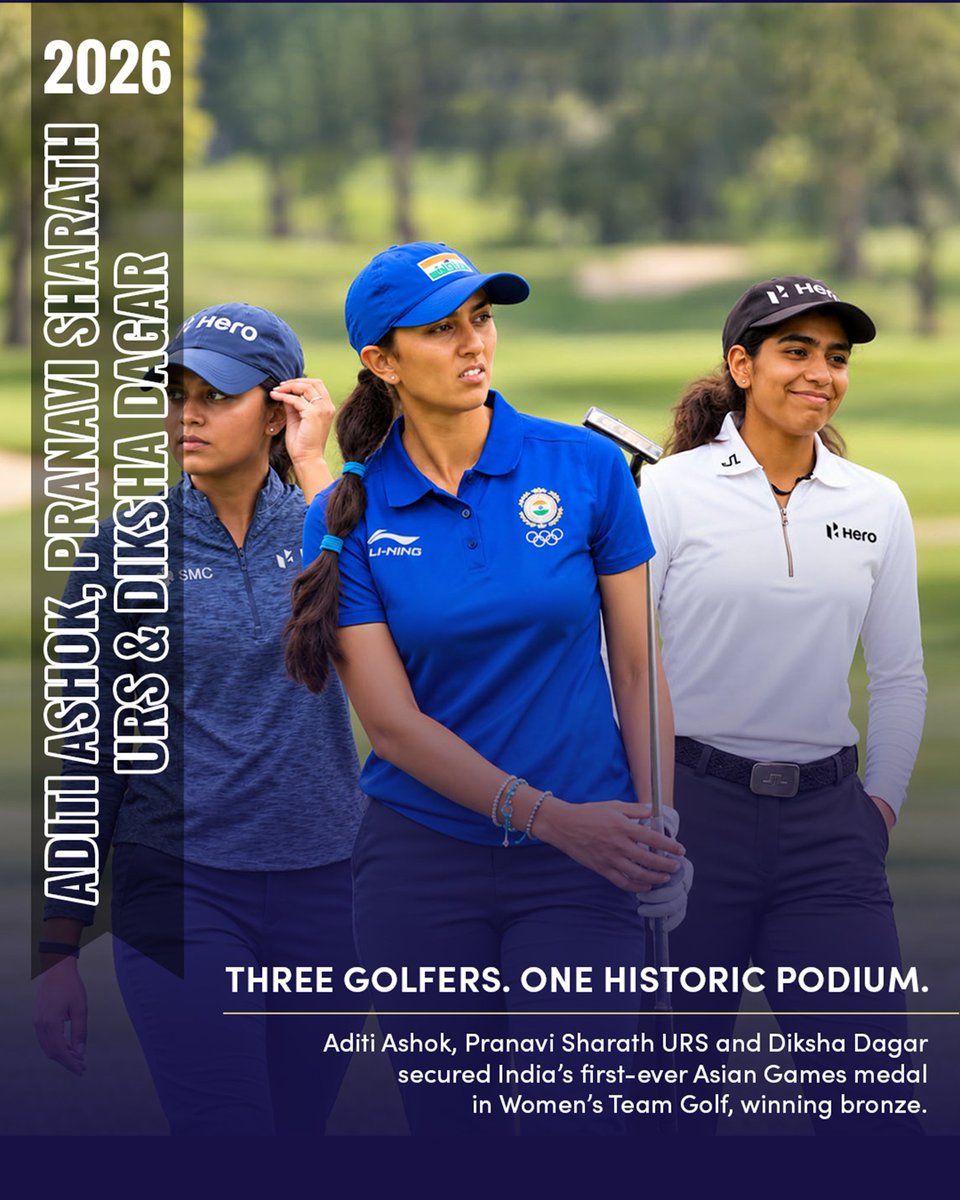 STC_Bengaluru's tweet photo. Three names. One podium. A first for Bharat! 🇮🇳✨
Aditi Ashok, Pranavi Sharath URS &amp; Diksha Dagar made history with India’s first-ever Asian Games Women’s Team Golf medal. ⛳🥉
 #BharatSetsNewRecords https://t.co/iXvRsjlAKZ