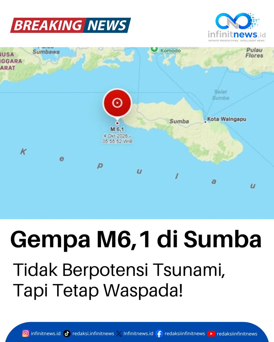 Infinitnewouuk's tweet photo. Info gempa terkini! Wilayah Sumba Barat Daya, NTT diguncang gempa M6,1 pada Minggu (4/10/2026) pukul 05.55 WIB. Pusat gempa berada di laut 14 km barat daya Kodi dengan kedalaman dangkal 10 km.
​
​#EdukasiBencana #GempaBumi #BMKG #SumbaBaratDaya https://t.co/1aFuUKXmRM