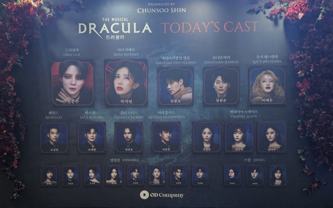 A poster for "THE MUSICAL DRACULA" produced by Chunsoo Shin, displaying headshots of today's cast members including Dracula, Mina Murray, Abraham Van Helsing, Jonathan Harker, and Lucy Westenra, along with ensemble and swing performers, produced by OD Company.