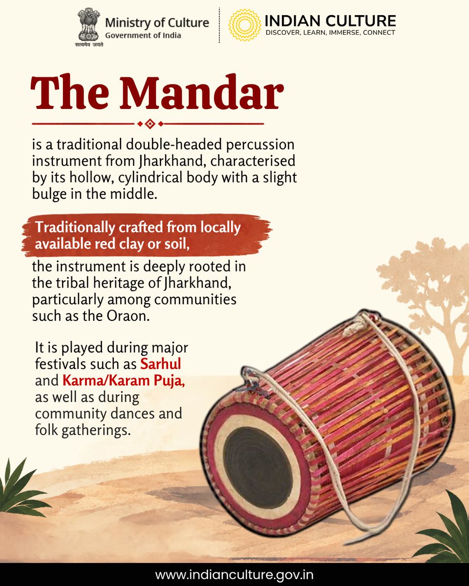 _IndianCulture's tweet photo. Preserving #heritage and celebrating indigenous craftsmanship!

Jharkhand’s traditional musical instrument, the #mandar, has officially been granted the prestigious #gitag by the Geographical Indications Registry in Chennai!

Deeply rooted in #tribalart and #folkculture, the Mandar is known for its #indigenouscrafts, red clay body, and unmatched rhythmic sound.

This recognition is a tribute to the ancestors, #traditionalmusic, and the rich #culturalheritage of the region.

A milestone that not only protects the identity of #indianart and traditional artisans, but also opens new doors to showcase our #indianheritage in domestic and global markets!

Explore more at https://t.co/z3KeKDb8ie

Follow @_IndianCulture for more!

#IndianCulturePortal #MinistryOfCulture #jharkhandcrafts #gitagged #tribalmusic #indiamusic #empowerment #folk #instruments #jharkhanddiaries #culturalpride #indigenous #art #jharkhand #GITagged #CultureUnitesAll

@MinOfCultureGoI  @AmritMahotsav  @incredibleindia  @PIBCulture  @mygovindia  @MIB_India  @TribalAffairsIn  @VisitJharkhand