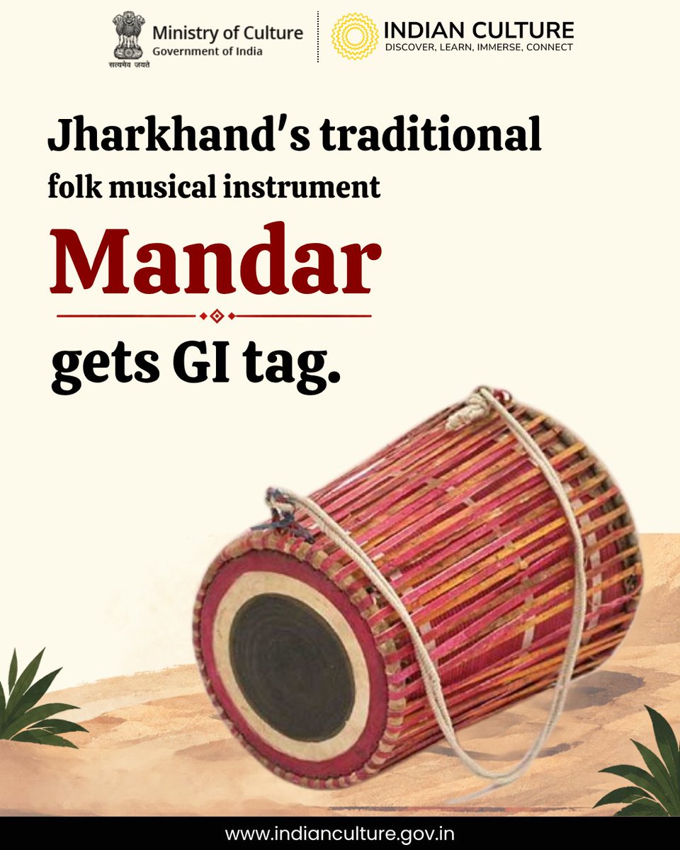 _IndianCulture's tweet photo. Preserving #heritage and celebrating indigenous craftsmanship!

Jharkhand’s traditional musical instrument, the #mandar, has officially been granted the prestigious #gitag by the Geographical Indications Registry in Chennai!

Deeply rooted in #tribalart and #folkculture, the Mandar is known for its #indigenouscrafts, red clay body, and unmatched rhythmic sound.

This recognition is a tribute to the ancestors, #traditionalmusic, and the rich #culturalheritage of the region.

A milestone that not only protects the identity of #indianart and traditional artisans, but also opens new doors to showcase our #indianheritage in domestic and global markets!

Explore more at https://t.co/z3KeKDb8ie

Follow @_IndianCulture for more!

#IndianCulturePortal #MinistryOfCulture #jharkhandcrafts #gitagged #tribalmusic #indiamusic #empowerment #folk #instruments #jharkhanddiaries #culturalpride #indigenous #art #jharkhand #GITagged #CultureUnitesAll

@MinOfCultureGoI  @AmritMahotsav  @incredibleindia  @PIBCulture  @mygovindia  @MIB_India  @TribalAffairsIn  @VisitJharkhand