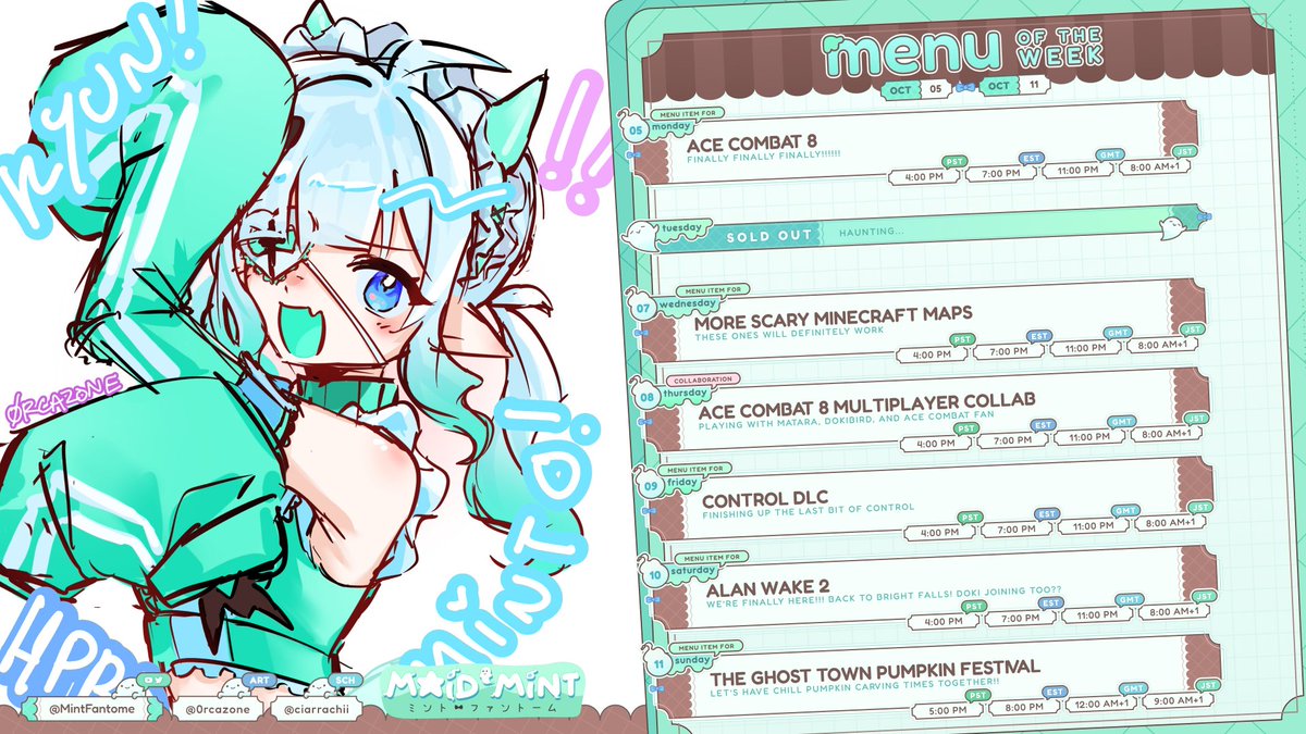 MintFantome's tweet photo. Moe moe BOO! Here's the weekly schedule you ordered!
Oct 05 - Oct 11👻✨

🎨Art⇒ #Fantography
▶️Livestream⇒ #MintoLive
👻General⇒ #ミント心霊写真
❗️Oshikatsu(Plushie)⇒ #Mintogo 
🔞⇒ #FreakFantome https://t.co/i3WpCBpXgf