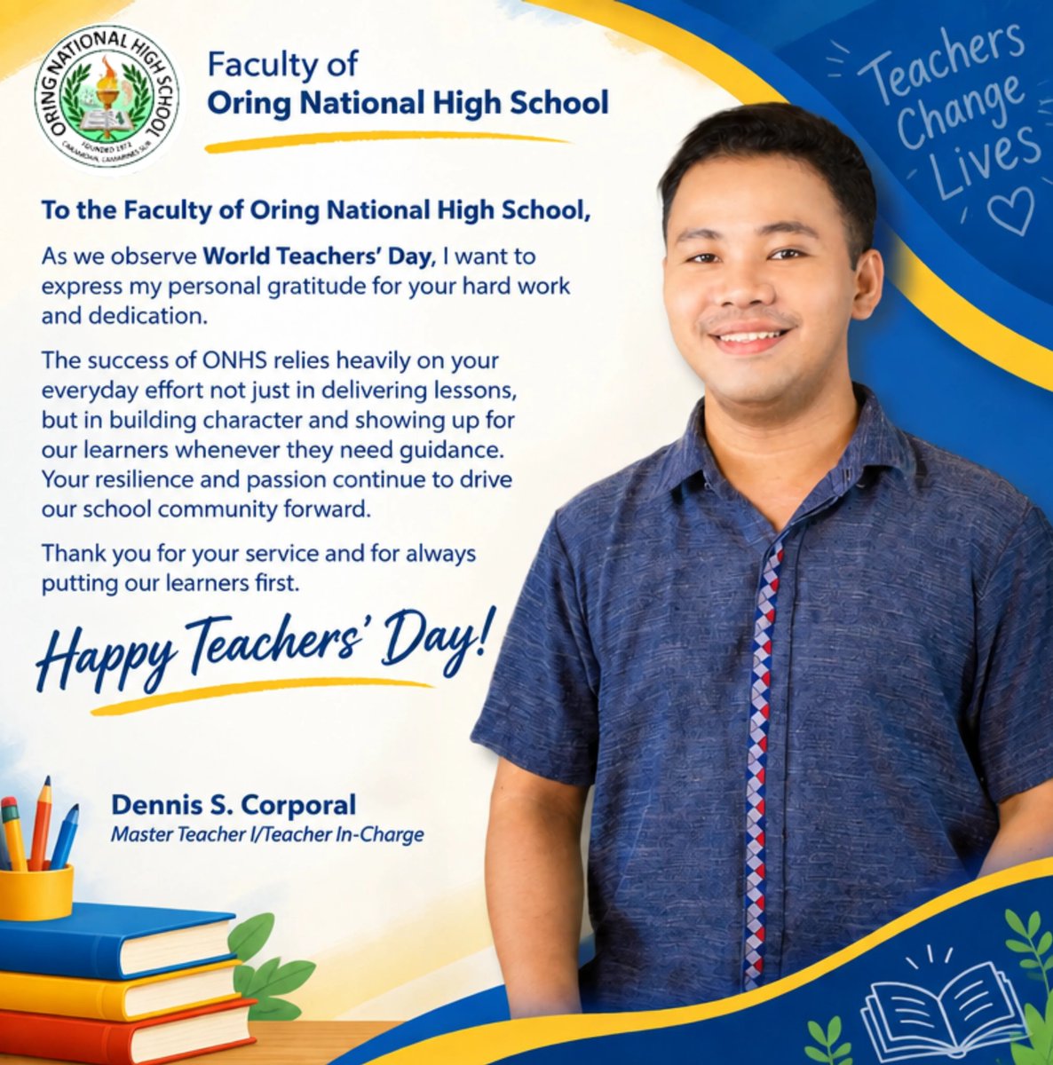 thecrest302008's tweet photo. 𝗥𝗘𝗔𝗗: World Teachers’ Day Message of Master Teacher I/Teacher-in-Charge of Oring National High School, Mr. Dennis S. Corporal to ONHS Teachers https://t.co/lyxZen04Wh