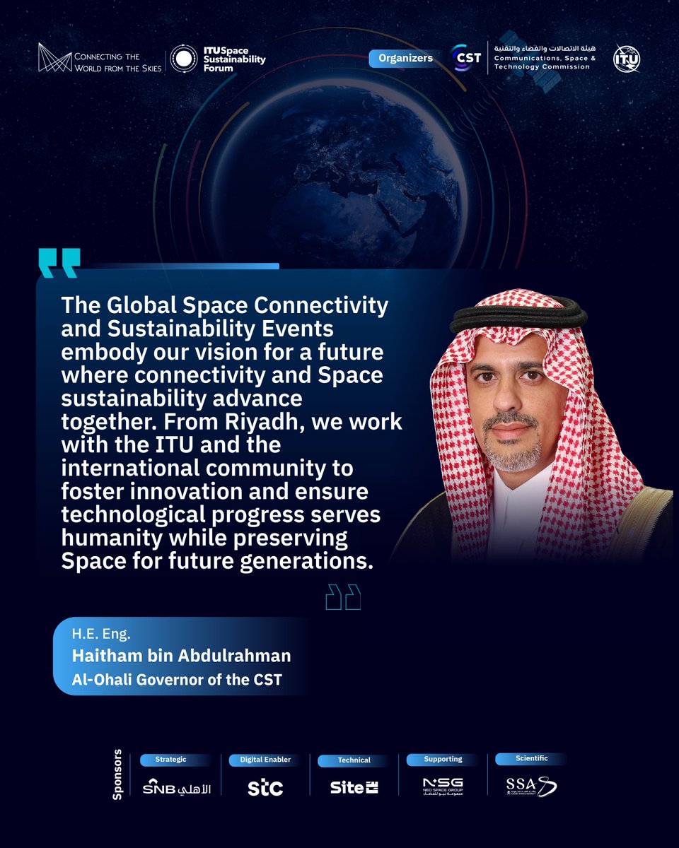 CST_KSA's tweet photo. @halohali CST Governor, H.E. Eng. @halohali on the Global Space Connectivity & Sustainability Events.
#SCS26
#Connected_Earth_Sustainable_Space https://t.co/xLY9C9Cp63