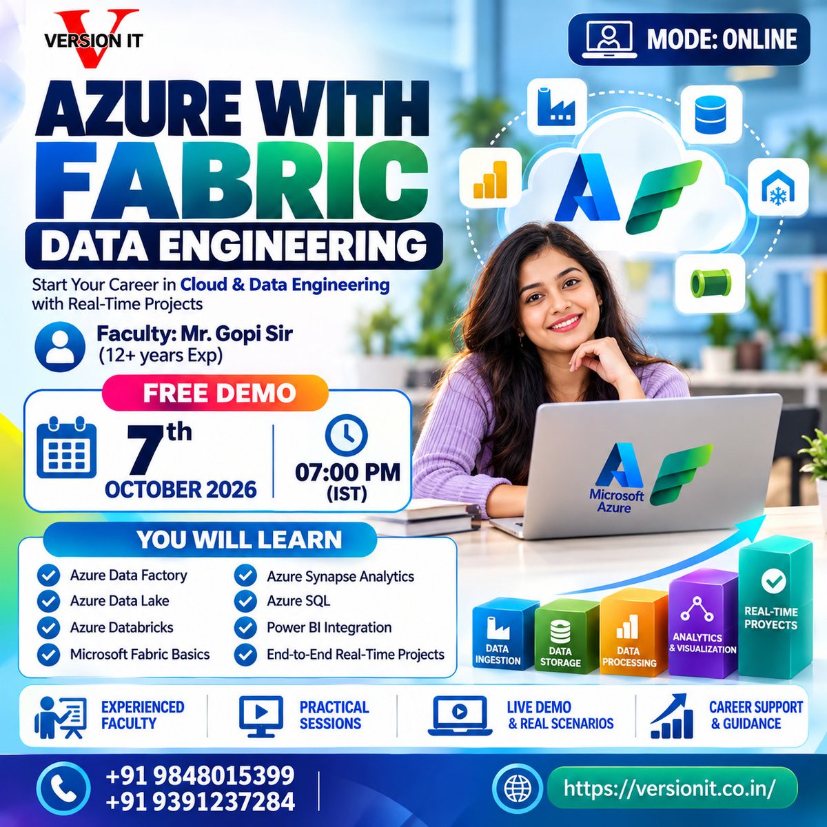 VersionitCloud's tweet photo. 🚀 Azure with Fabric Data Engineering Training
🎓 Free Demo: 7th Oct | 07:00 PM IST
👨‍🏫 Gopi Sir | 12+ Years Experience
Azure Data Factory • Databricks • Synapse • Fabric • Power BI
📞 +91 9848015399 | +91 9391237284
🌐 https://t.co/SKrgb9eJHP
#Azure #MicrosoftFabric https://t.co/F4ZqhnEhmQ