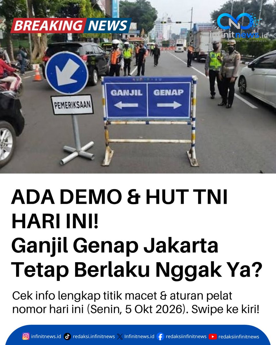 Infinitnewouuk's tweet photo. Ganjil Genap Jakarta Hari Ini (Senin, 5 Okt 2026)

turan Ganjil Genap tetap berlaku normal di 26 jalan utama dan akses gerbang tol. Karena hari ini tanggal 5, hanya kendaraan berpelat GANJIL yang boleh melintas di jam pembatasan (06.00–10.00 WIB &amp; 16.00–21.00 WIB).

#InfoJakarta https://t.co/fNiqab4NSX