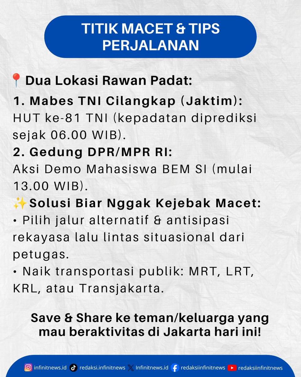 Infinitnewouuk's tweet photo. Ganjil Genap Jakarta Hari Ini (Senin, 5 Okt 2026)

turan Ganjil Genap tetap berlaku normal di 26 jalan utama dan akses gerbang tol. Karena hari ini tanggal 5, hanya kendaraan berpelat GANJIL yang boleh melintas di jam pembatasan (06.00–10.00 WIB &amp; 16.00–21.00 WIB).

#InfoJakarta https://t.co/fNiqab4NSX
