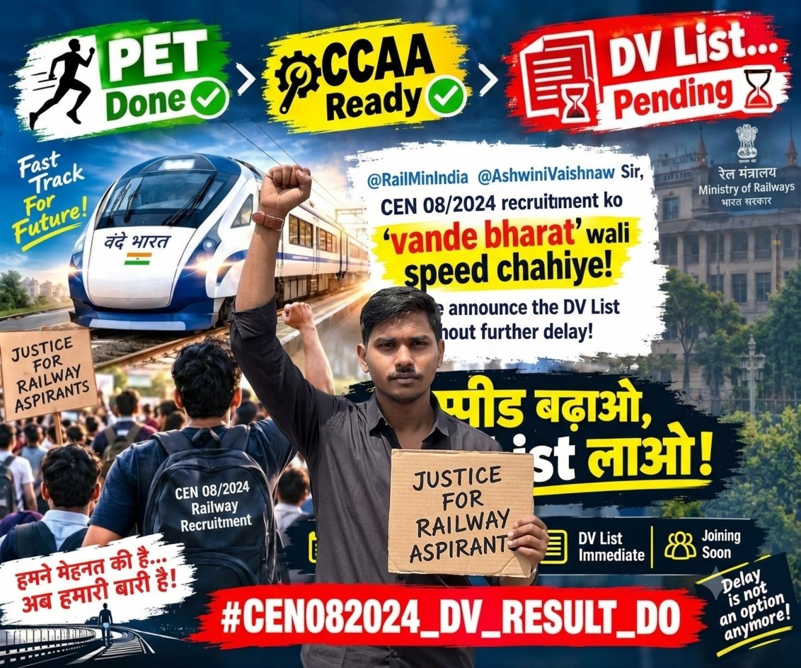 Verma_Ram155's tweet photo. Dear Railway Board 🙏
Group D के अभ्यर्थी लंबे समय से Result का इंतज़ार कर रहे हैं। छात्रों के भविष्य को ध्यान में रखते हुए Group D Result जल्द जारी किया जाए।
मेहनत का सम्मान करो, Result जारी करो!
#CEN082024_DV_RESULT_DO 
@GMSRailway https://t.co/7Fn4C7DZXB