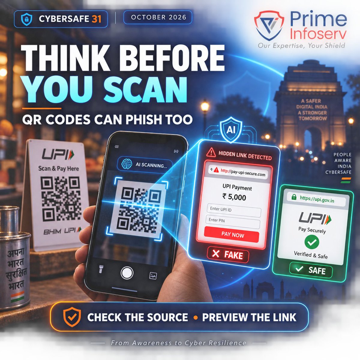 primeinfoserv's tweet photo. A QR code can hide a fraudulent link.
Check the source, preview the destination and remember: your UPI PIN is required only when sending money—not receiving it.

#CyberSafe31 #CSAM26 #CybersecurityAwarenessMonth #QRScam #primeinfoserv https://t.co/QbhPY2cfg1