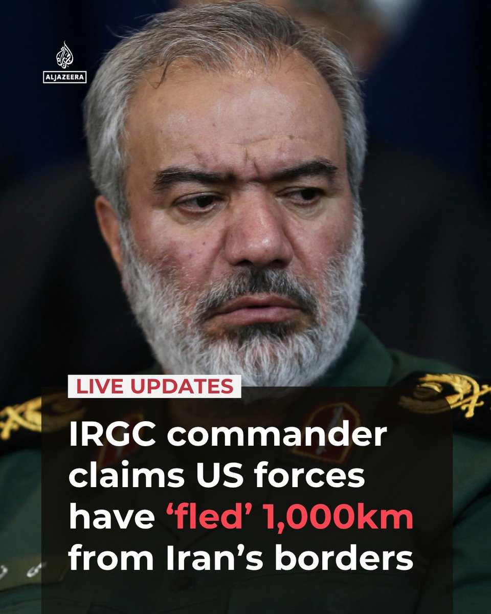 AJEnglish's tweet photo. IRGC commander Ali Fadavi claims US forces have pulled back 1,000km from Iran’s borders due to the “authority of the IRGC Ground Force”, adding that there are no US vessels in the Gulf, Strait of Hormuz or Sea of Oman.

🔴 LIVE updates: https://t.co/eRrtESVGGl https://t.co/UggCxsx2lz