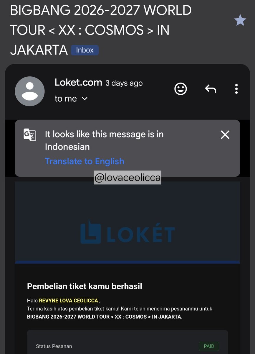 lovaceolicca's tweet photo. Hai VIPs just let you know... Aku masih ada tiket Bingbang Jakarta CAT 4 Day 1 atas nama sendiri, bisa aku bantuin sampe hari H karna aku nonton jugaaa yang mau tanya2 bisa dm aku yaac.
COD bisa banget 🙏🏻 https://t.co/g3IeH6EfJO