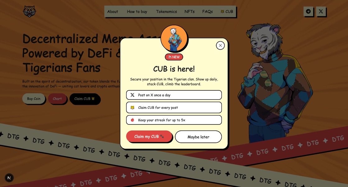 DefiTigertoken's tweet photo. DeFi Tiger users can visit https://t.co/PbhjpoyzCX to earn $CUB, maintain their streak, and climb the leaderboard. https://t.co/yV4ftSTfTM