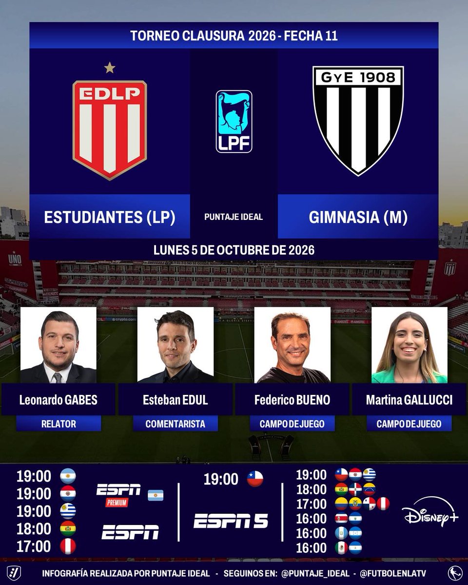 Puntaje_Ideal's tweet photo. ⚽ #TorneoClausura2026 🇦🇷 | #EstudiantesLP vs. #GimnasiaM
🎙️ Relator: @leogabes
🎙️ Comentarista: @estebanedul
🎙️ CdJ: @FedeBueno73 - @MarGallucci
📺 #ESPNPremium 🇦🇷
📺 #ESPN 🇦🇷🇧🇴🇵🇾🇵🇪🇺🇾
📺 #ESPN5 🇨🇱
💻📱 @disneyplusla (❌🇦🇷)
🤳 #LPFxESPN - #PackFutbol - #DisneyPlus
Dale RT 🔃 https://t.co/YVw5lTErzB