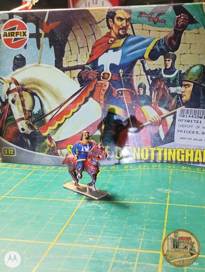 egoboydotcom's tweet photo. "Hello. My name is -------, and I am addicted to AirFix Figures..." Here is a sample of what happens to people like me. When the ups and downs of the supply chain dry up the sources for actual AirFix, one makes do with what they can find. Here, a Miniature Figurines LTD Lead figure was unconsciously painted to resemble the Sheriff of Nottingham as found in the AirFix. In a related incident, one of my more interesting Hobby Shop moments happened when I came upon boxes of the HaT Miniatures 7000 series of reissue boxes  of AirFix figures. This was after a very long period of nonavailability of the AirFix-branded boxes.