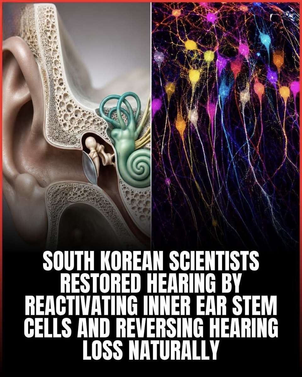 NextScience's tweet photo. 🚨 THEY MAY HAVE JUST FOUND A WAY TO RESTORE HEARING

Scientists in South Korea have successfully reactivated dormant stem cells inside the inner ear, helping damaged hearing cells repair themselves in early studies. While still experimental, this breakthrough could one day offer a new way to restore hearing without implants or major surgery.
Could the cure for hearing loss have been hidden inside us all along?

Source: South Korean stem cell hearing regeneration research.