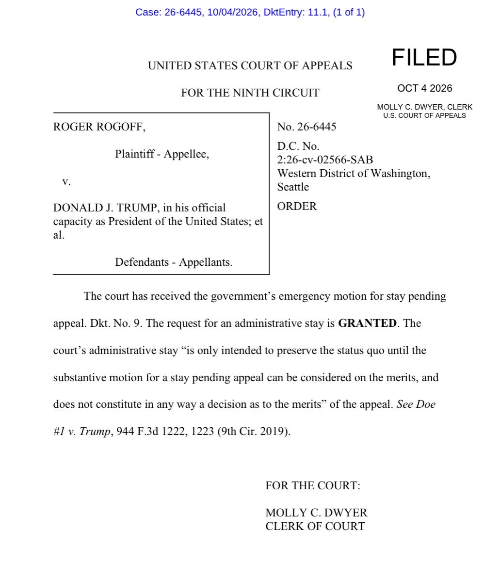 KatieDaviscourt's tweet photo. Breaking update: Ninth Circuit Court of Appeals has granted the DOJ an emergency stay, allowing President Trump to fire judge-appointed Roger Rogoff as US Attorney for Western District of Washington.

This means Rogoff is OUT (until final decision).

Pete Serrano can take back his office.