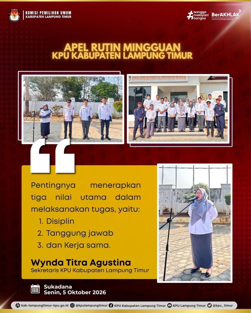 kpu_timur's tweet photo. #TemanPemilih,
KPU Kabupaten Lampung Timur melaksanakan Apel Rutin Mingguan yang diikuti oleh seluruh jajaran Sekretariat KPU Kabupaten Lampung Timur di halaman Kantor KPU Kabupaten Lampung Timur, Senin (5/10). https://t.co/d8n3g9zOF2