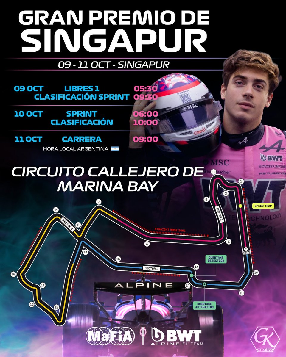 SoyAlpinito's tweet photo. FECHA 17 | GRAN PREMIO DE 🇸🇬SINGAPUR

Fin de semana con carrera Sprint, 5 zonas de Straight Mode (Espero que no llueva para que no se asusten los motores de nuevo)

Se podrá ver en vivo, unicamente por:

🐭Disney + | ESPN Premium
💸F1TV

📺Fox Sports - En Diferido https://t.co/bmDPNbwvC6