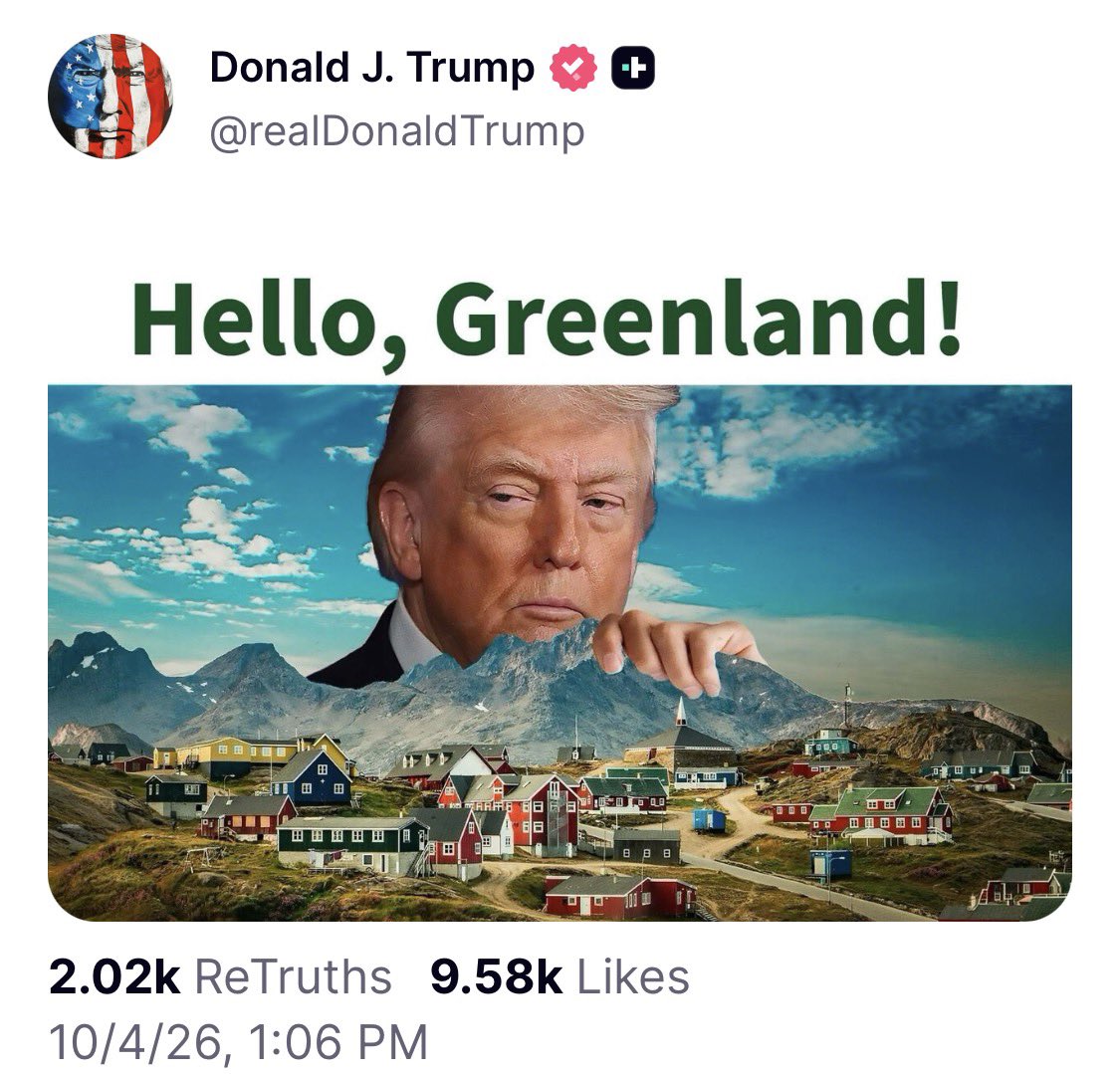 RpsAgainstTrump's tweet photo. Despite signing a deal with Greenland and Denmark that keeps Greenland under Danish sovereignty and respects its right to self-determination, Trump just posted this.

Insane. https://t.co/XBfs7qEasN