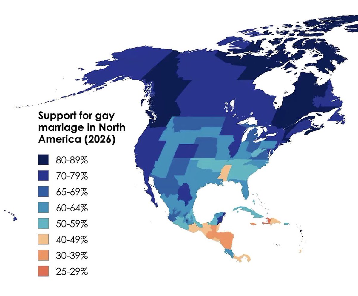 PollTracker2024's tweet photo. Support for same-sex marriage in North America (2026) https://t.co/KPJTdCeaNR