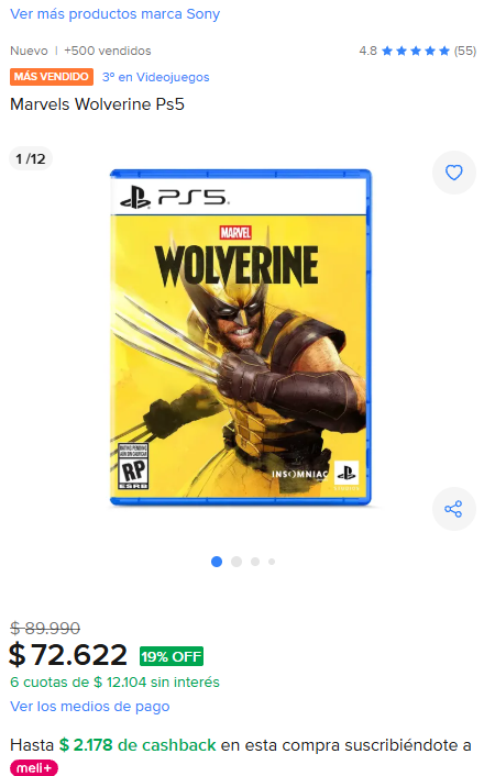 MichiOfertasCL's tweet photo. CYBER MERCADO LIBRE: Marvels Wolverine Ps5 por $72.622 en la tienda oficial de playstation en mercado libre!  
Link directo: https://t.co/D8UIe9jZFk
#playstation #cyber #cyberday #oferta https://t.co/dzvxcpze9Q