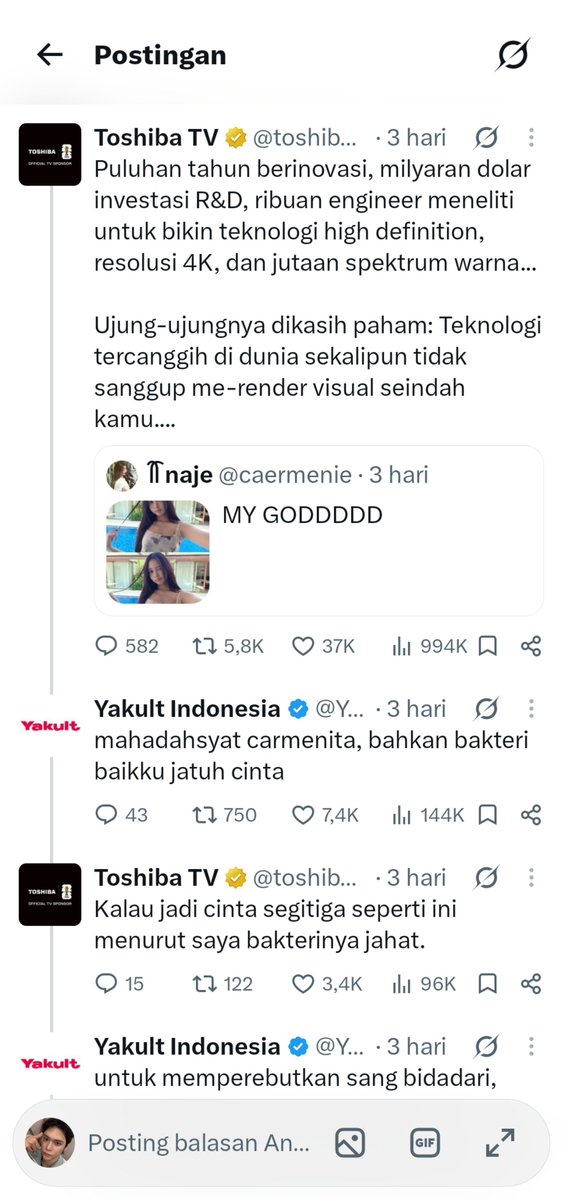 PebbyII's tweet photo. Aku jelasin awal mulanya, sejauh yang aku tau.
1. Toshiba ini mengkutip postingan fans Carmen dengan kata kata memuji dan mendapatkan engangemet yang bagus, 37K likes 994K viewers. 
2. Karena rame, muncullah akun yakult dan mereka berdua mulai gimik rebutan carmen 
(Lanjutan👇) https://t.co/x9IEMGOIJa