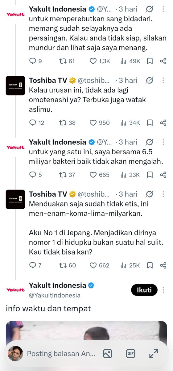 PebbyII's tweet photo. Aku jelasin awal mulanya, sejauh yang aku tau.
1. Toshiba ini mengkutip postingan fans Carmen dengan kata kata memuji dan mendapatkan engangemet yang bagus, 37K likes 994K viewers. 
2. Karena rame, muncullah akun yakult dan mereka berdua mulai gimik rebutan carmen 
(Lanjutan👇) https://t.co/x9IEMGOIJa
