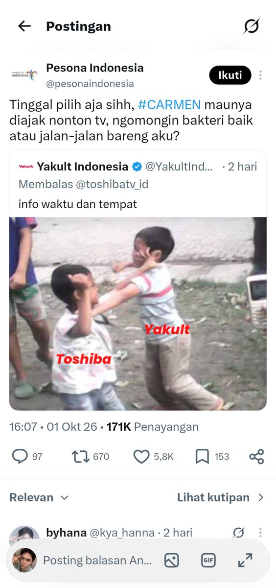 PebbyII's tweet photo. Aku jelasin awal mulanya, sejauh yang aku tau.
1. Toshiba ini mengkutip postingan fans Carmen dengan kata kata memuji dan mendapatkan engangemet yang bagus, 37K likes 994K viewers. 
2. Karena rame, muncullah akun yakult dan mereka berdua mulai gimik rebutan carmen 
(Lanjutan👇) https://t.co/x9IEMGOIJa
