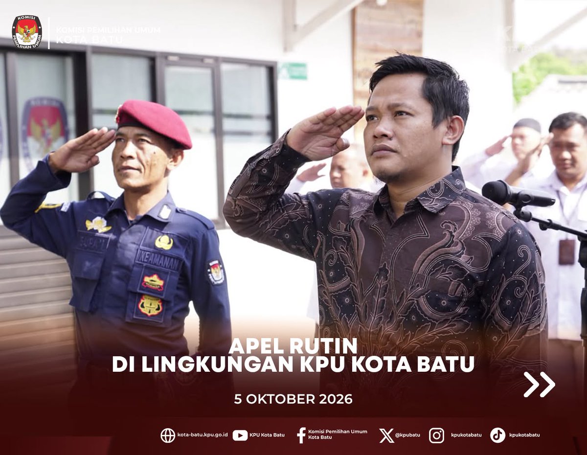 KPUBatu's tweet photo. ✨ Bersemangat, Bersinergi, Berkontribusi

#TemanPemilih, KPU Kota Batu mengawali aktivitas di bulan Oktober dengan upacara pada Senin (5/10/2026). Upacara dipimpin oleh Anggota KPU Kota Batu Divisi Sosdiklih, Parmas, dan SDM, Ahmad Kholil Almansur.

#KPUMelayani #Senin #Upacara https://t.co/R9juIZ8XxD