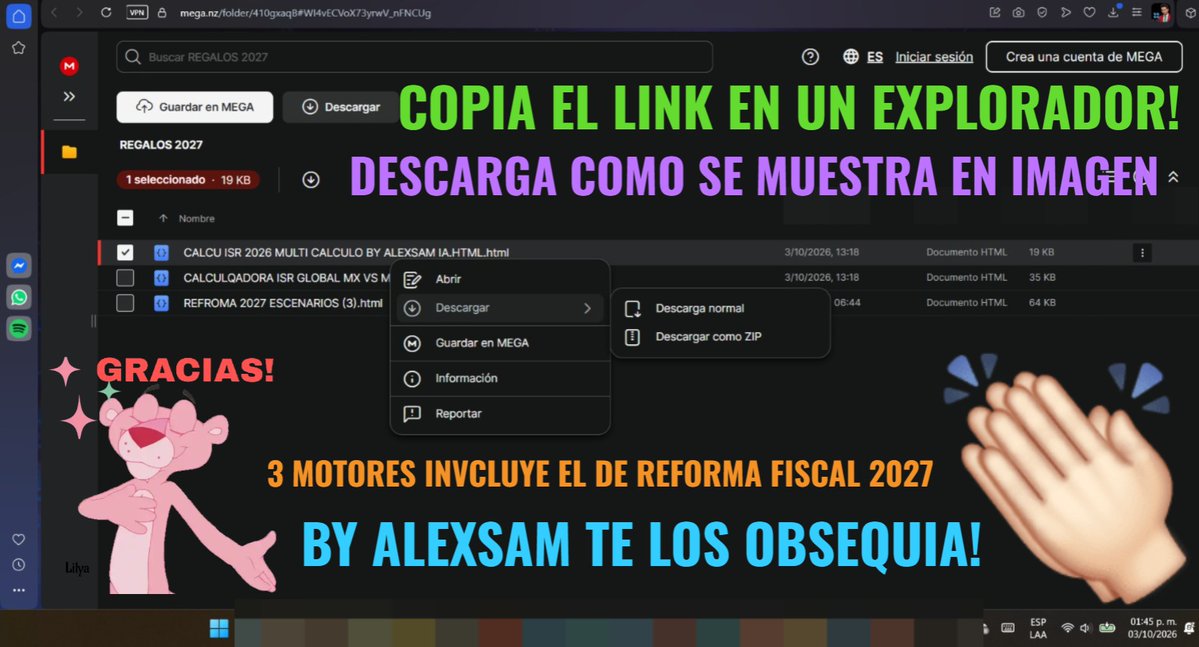 XALEXSAM's tweet photo. #URGENTE #regalos #BYALEXSAMCUMPLE #gracias Y ¿QUE DIJERON? EL BY ALEXSAM NOS TOMO EL PELO DE NUEVO JAJAJAJAJA NO MIS NIÑOS AHÍ LES VAN PRIMEROS REGALOS, OJO HARBA MAS; UNOS EN VENTA OTROS EN REGALO VALE, ESTOS SON REGALO.

NOTA: SIGUE LAS INSTRUCCIONES AL FINAL Y RECUERDA CUANDO YO DE AUTORIZACIÓN DE COMPARTIR HAZLO DONDE QUIERAS, AQUÍ SI: ¡¡TIENES MI PERMISO COMPARTE A TODO MX!

LINK: _https://t.co/yDgdEBSx4F

 --Copia desde http……… y pega en tu explorador, "ELIMINA EL GUIÓN BAJO _"!

🎁 REGALOS DE LA CASA: 4 HERRAMIENTAS DIGITALES EN HTML (REFORMA FISCAL 2027, SIMULADOR SALARIAL, COMPARADORA ISR Y CIBERSEGURIDAD)

A ver, estimados seguidores y miembros de la comunidad, aquí les van unos regalos en esta primera etapa, listos en formato HTML interactivo:

1. 📄 Reforma Fiscal 2027: Diseñada y lanzada apenas 48 horas después de su presentación (desde el 11 de septiembre ya la tenía afuera). Aunque Meta bloqueó el enlace original y pocos la alcanzaron a bajar, aquí se las pongo disponible de nuevo.

2. 📊 Simulador de Trabajadores Salario 2026-2027: Debido a que las tarifas no sufren modificaciones, esta herramienta les servirá perfectamente para proyectar y calcular tanto para 2026 como para 2027.

3. 🌐 Comparativa de Pago de ISR (México vs. Potencias Mundiales): Ante el discurso trillado de que "estamos mejor que Dinamarca" o con "más productividad que Japón", este simulador compara la recaudación contra los países con mayor conciencia cívica tributaria vs. la presión fiscal agresiva que se ejerce en México.

4. 🛡 Simulador y Guía de Ciberseguridad en 6 Etapas: Ante el incremento desbocado de fraudes y desfalcos en cuentas bancarias, como experto en la materia asumo la obligación moral de apoyarlos. Este simulador interactivo les muestra paso a paso cómo blindar sus activos y proteger su seguridad digital.

⚠️ INSTRUCCIONES OBLIGATORIAS PARA LA DESCARGA (PARA EVITAR BLOQUEOS DE META):

Para evitar que el algoritmo de Facebook/Meta censure el enlace completo, el link a la nube de MEGA no se publicará directo. Sigue estos pasos exactos:

1. Ubica el texto del enlace que pondré en los comentarios o en el apartado de descarga.

2. Sombrea y copia únicamente a partir de la sección marcada (Desde la palabra "https" si se indica).

3. Pégalo manualmente en la barra de direcciones de tu navegador web preferido (Chrome, Edge, Firefox, Brave, Safari, etc.).

4. Accede a la carpeta de MEGA y descarga los 4 archivos HTML directamente a tu computadora o dispositivo.

Ahí tienen el material listo. Échenle un ojo, analícenlo completo y aprovéchenlo al máximo.

By ALEXSAM – Criterio, Tecnología y Estrategia Fiscal. 

IAG Ultra Tech Fiscal Disruptiva | Neurofiscalidad Advanced

#ByAlexsam #ElCaballeroDeLaNoche #ReformaFiscal2027 #Ciberseguridad #ISR #SimuladorSalarial #HerramientasFiscales #MEGA