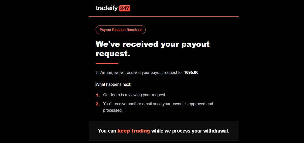 Screenshot of @MrBullish's $1,695 first payout request submitted to Tradeify on 5 October 2026