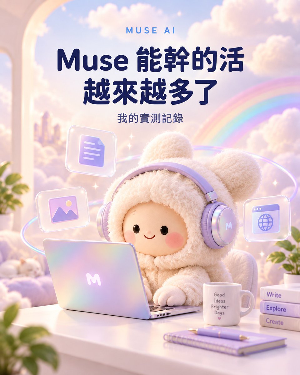 Rowene3sj4d's tweet photo. Muse 能幹的活，越來越多了。

文章都寫好了，卻卡在上傳公眾號。換 Muse，居然接上了。

我讓 Codex 準備正文、封面和配圖，結果同步公眾號時遇到工具限制，沒法繼續。

我就換個思路，把這份圖文交給 Muse。

沒想到，它真的走到公眾號的掃碼登入這一步。我用微信掃完碼，就把後面的填文、傳圖交給它處理。

之前拿它做影片，這次又試了公眾號操作。Muse 能接的活，比我原本想的還多。

還沒註冊 Muse 的，我把之前寫的註冊經歷放在首則留言，給你們參考。