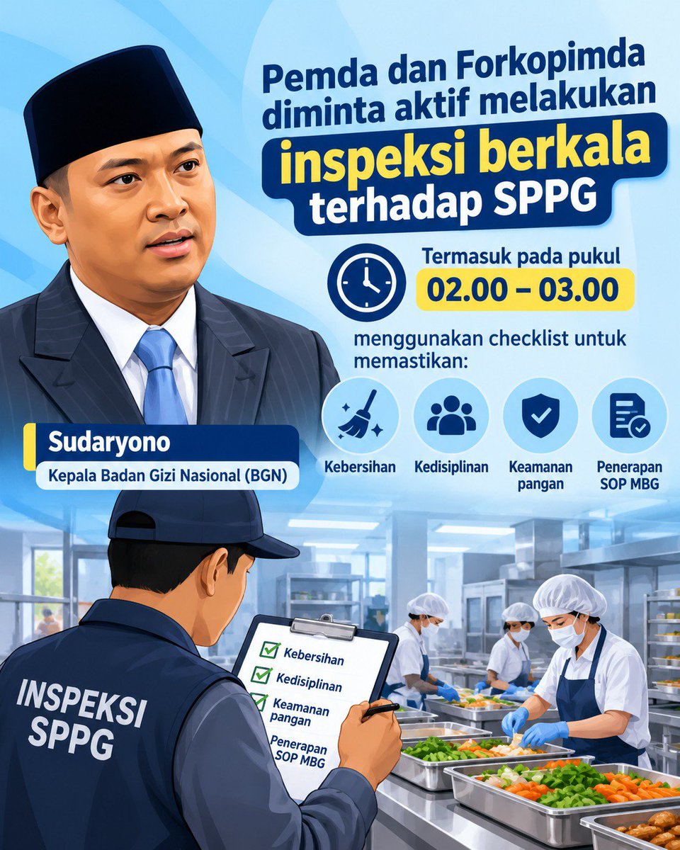 MRPurnomoo's tweet photo. Pengawasan ketat, kapasitas terukur, dan standar keamanan pangan menjadi bagian penting dalam pelaksanaan MBG.

#MBGAmanTerawasi #BGNJagaKeamananPangan #SPPGStandarKetat #MakanBergiziGratisAman #PengawasanMBGKetat https://t.co/hIZ93K1rVJ