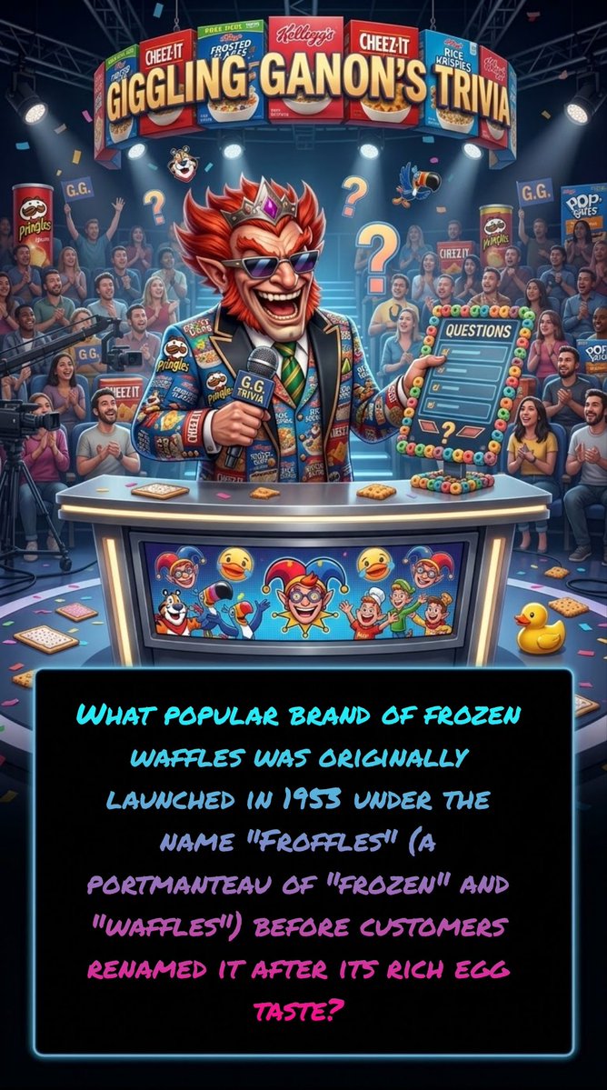 GigglingGanon's tweet photo. Popular food a beverage trivia.

What popular brand of frozen waffles was originally launched in 1953 under the name "Froffles" (a portmanteau of "frozen" and "waffles") before customers renamed it after its rich egg taste? https://t.co/Q26vMsWdhY