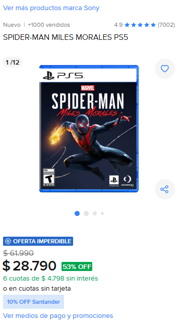 MichiOfertasCL's tweet photo. CYBER MERCADO LIBRE: SPIDER-MAN MILES MORALES PS5 por $28.790 en la tienda oficial de playstation en mercado libre!

Link directo: https://t.co/liipY2eNlY

#oferta #gaming #mercadolibre #cyberday https://t.co/Ah5bOVDxII