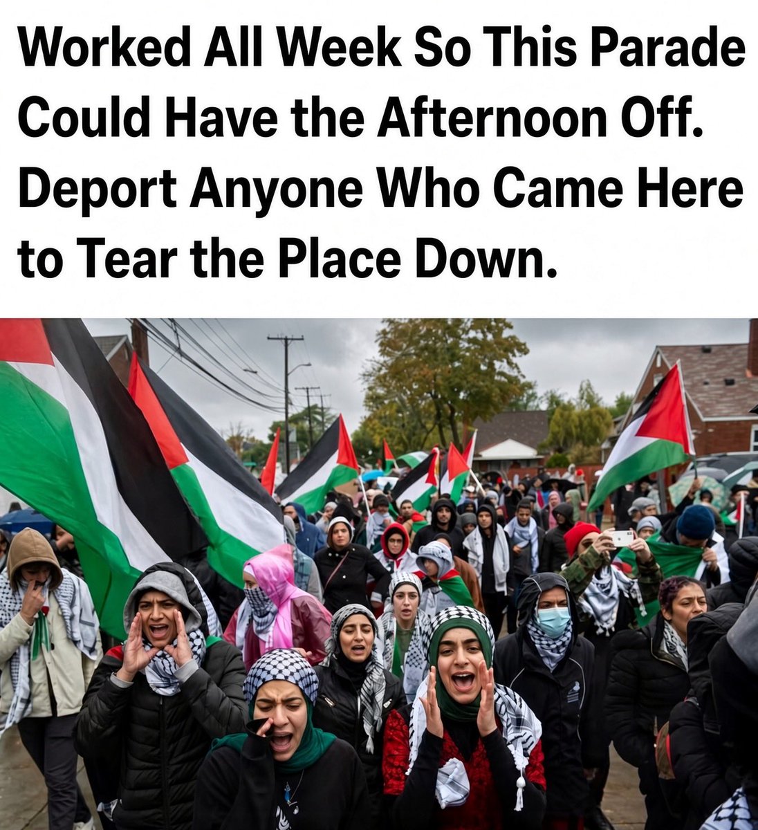 SparksN123's tweet photo. Nothing says gratitude like a street full of people yelling at the country that took them in. Free speech is fine. Free rent, free flags, and free afternoons are the part I’m done funding. https://t.co/Qcu0UhJxGp