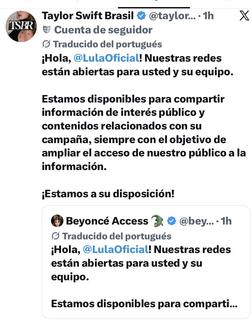 natalita0333's tweet photo. Las cuentas fans de artistas locales e internacionales ponen a disposición de LULA sus redes sociales. 

Un servicio social y humanitario necesario en estos tiempos de desinformación. 

#Eleições2026 #BoraBrasil #BoraLula #ULTIMAHORA https://t.co/qU2v4SBXd5