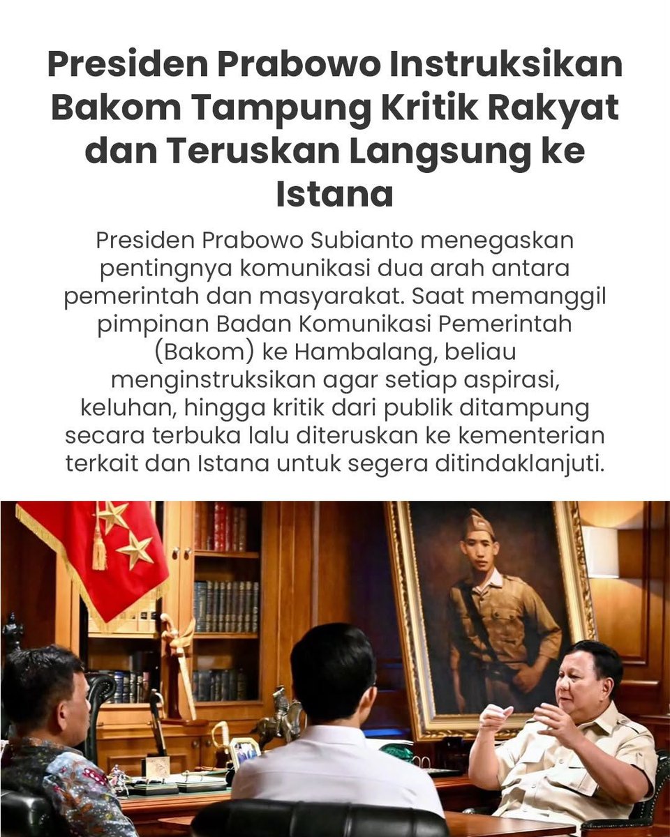 Duatinek2's tweet photo. Pemerintah mendengar rakyat. Presiden Prabowo instruksikan Bakom tampung kritik secara terbuka. Komunikasi Publik Merakyat #TampungKritikRakyat https://t.co/kxRoVTFd2P