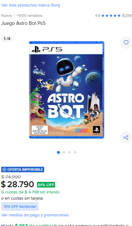 MichiOfertasCL's tweet photo. CYBER MERCADO LIBRE: Juego Astro Bot Ps5 por $28.790 en la tienda oficial de playstation en mercado libre! 
 Link directo: https://t.co/UJVh2mN0Xd 
#playstation #cyber #cyberday #oferta https://t.co/2b6U3AtL12
