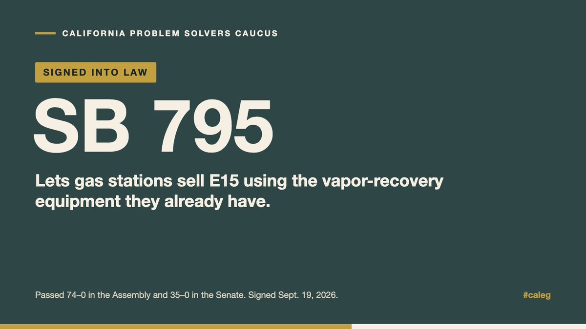 CAProblemSolver's tweet photo. ✅ SB 795 is law.

Stations can use existing vapor-recovery equipment for E15.

Passed 74–0 in the Assembly, 35–0 in the Senate. Thank you @ArchuletaSD30, @SenValladares and @AlvarezSD for bipartisan problem solving that delivers. #caleg https://t.co/f7jdnDxeYf
