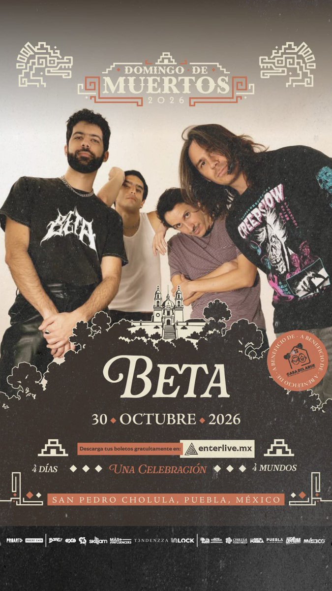 LupisCrisanto's tweet photo. 🎸💀 Beta llega a San Pedro #Cholula para celebrar el Domingo de Muertos 2026.
La banda se presentará el próximo 30 de octubre como parte de una celebración que reunirá música, tradición y cultura durante cuatro días.
#Beta #DomingoDeMuertos #Cholula #Puebla #Conciertos https://t.co/W9zCBnSW5P