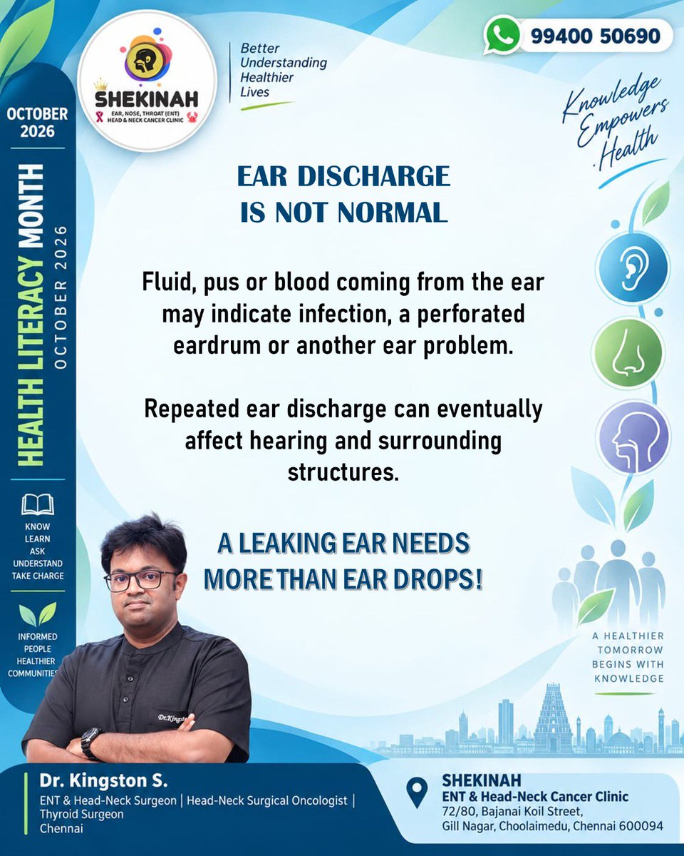 Shekinah_ENT's tweet photo. Health Literacy Month – Oct '26
#HealthLiteracyMonth
#HealthEducation
Dr. Kingston S.
ENT & Head-Neck Surgeon
SHEKINAH ENT & HNCC, Choolaimedu.
#ShekinahClinic
#ENTspecialist
#ShekinahENT
#DrKingstonS
#DrKingston
#ENTsurgeon
#ENTdoctor
#ENTclinic
#ENTcare
#ENT
#KauveryHospital https://t.co/7bAXmg1j5t