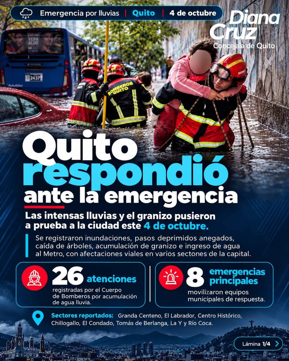 DianaCruzUIO's tweet photo. Quito respondió ante la emergencia. 🌧️

Equipos municipales trabajaron en distintos puntos de la ciudad para atender inundaciones, limpiar vías, apoyar rescates y recuperar la movilidad.

#Activados24Siete #QuitoResuelve #Quito https://t.co/72tLy2x9Wi