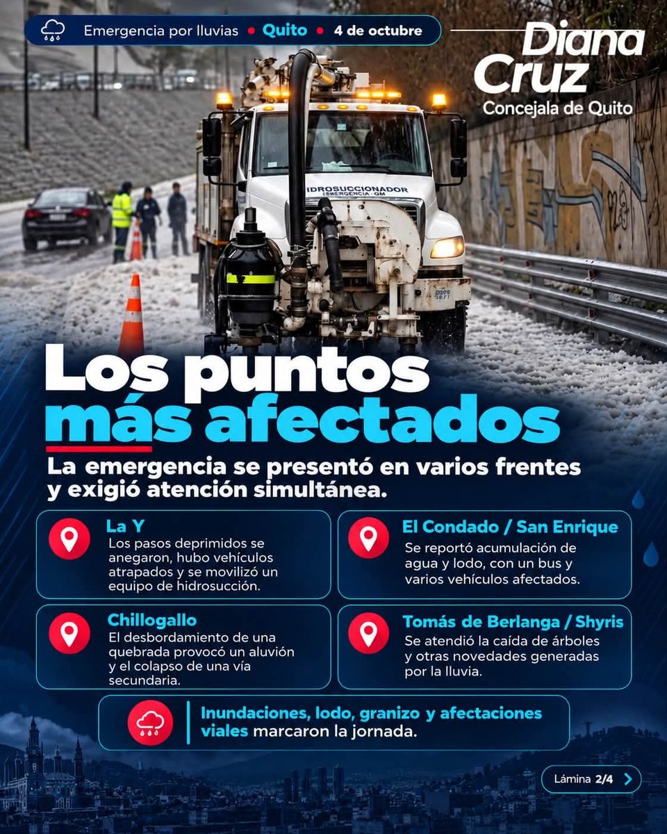 DianaCruzUIO's tweet photo. Quito respondió ante la emergencia. 🌧️

Equipos municipales trabajaron en distintos puntos de la ciudad para atender inundaciones, limpiar vías, apoyar rescates y recuperar la movilidad.

#Activados24Siete #QuitoResuelve #Quito https://t.co/72tLy2x9Wi