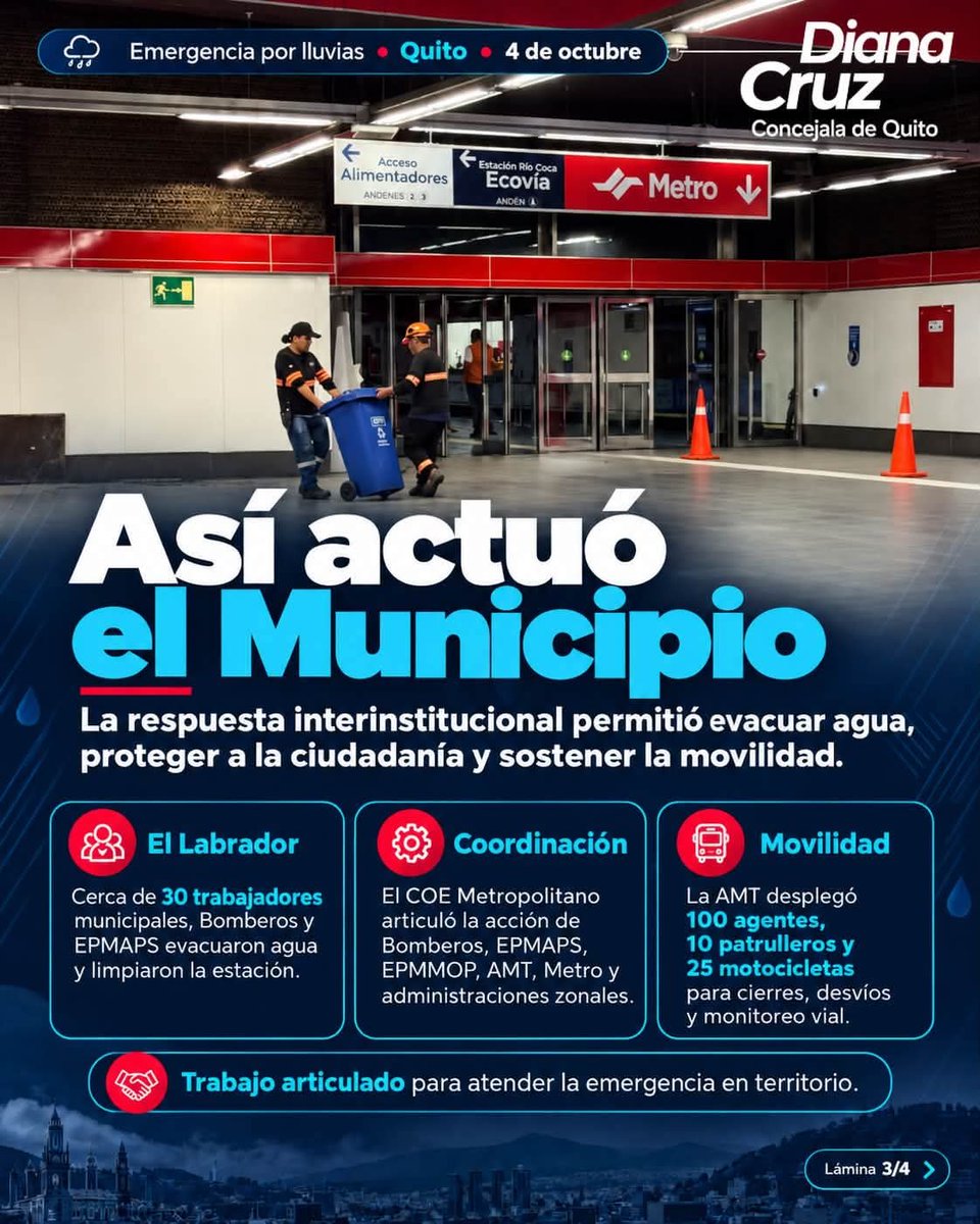 DianaCruzUIO's tweet photo. Quito respondió ante la emergencia. 🌧️

Equipos municipales trabajaron en distintos puntos de la ciudad para atender inundaciones, limpiar vías, apoyar rescates y recuperar la movilidad.

#Activados24Siete #QuitoResuelve #Quito https://t.co/72tLy2x9Wi