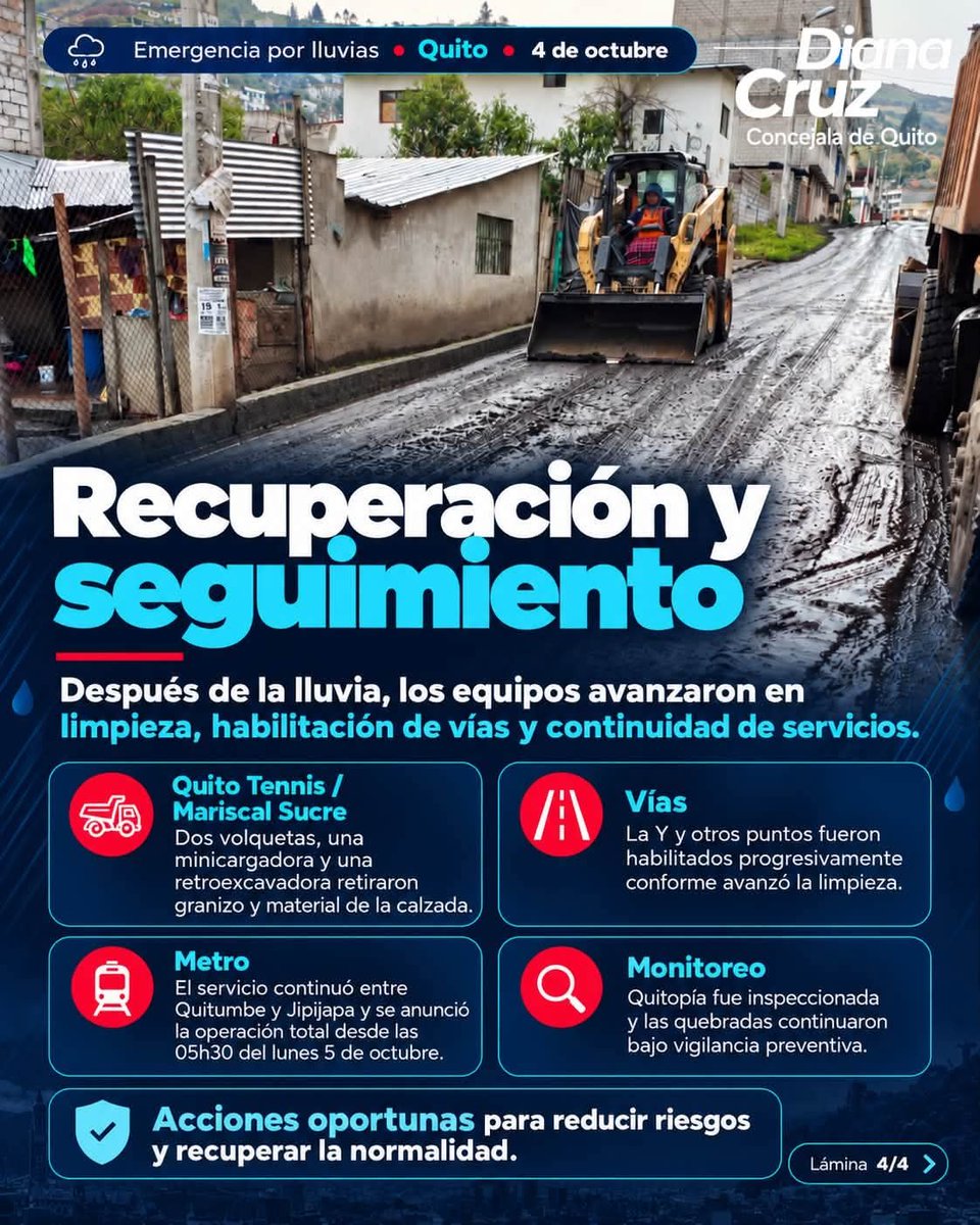 DianaCruzUIO's tweet photo. Quito respondió ante la emergencia. 🌧️

Equipos municipales trabajaron en distintos puntos de la ciudad para atender inundaciones, limpiar vías, apoyar rescates y recuperar la movilidad.

#Activados24Siete #QuitoResuelve #Quito https://t.co/72tLy2x9Wi